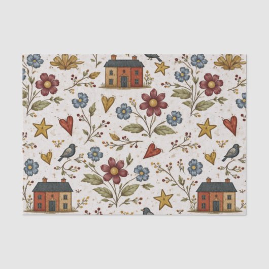 Folk Cottage Hearts Gartenmuster Seidenpapier (Vorderseite)