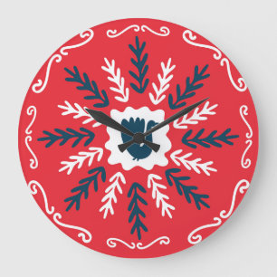 Folk Doodle Art Christmas Tile Große Wanduhr