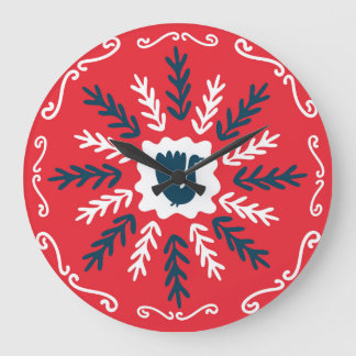 Folk Doodle Art Christmas Tile Große Wanduhr