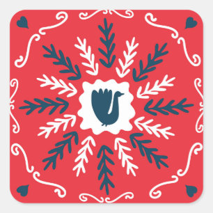 Folk Doodle Art Christmas Tile Quadratischer Aufkleber