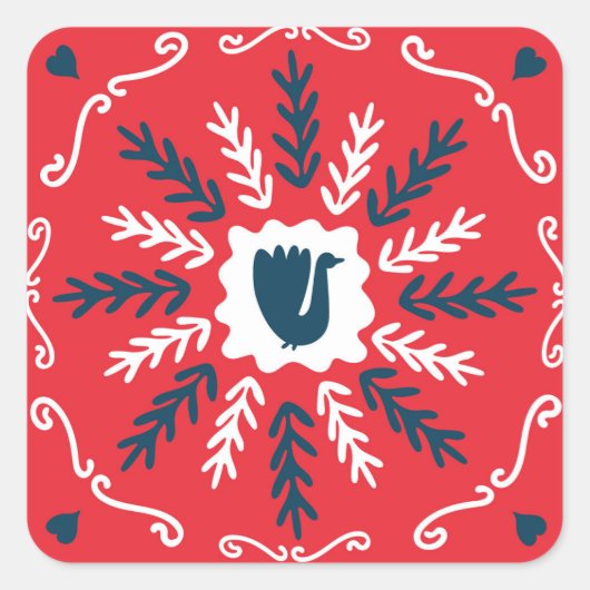Folk Doodle Art Christmas Tile Quadratischer Aufkleber (Vorderseite)