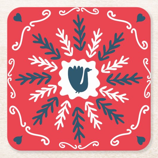 Folk Doodle Art Christmas Tile Rechteckiger Pappuntersetzer (Vorderseite)