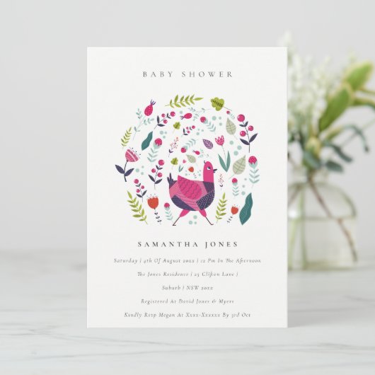 Folk Farm Floral Birdie Foto Kinderdusche Einladun Dankeskarte (Stehend Vorderseite)