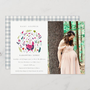 Folk Farm Floral Birdie Foto Kinderdusche Einladun Dankeskarte