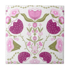 Folk Floral Pattern. Pink & Burgundy Flower Design Fliese