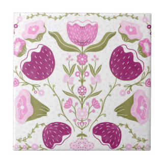 Folk Floral Pattern. Pink & Burgundy Flower Design Fliese