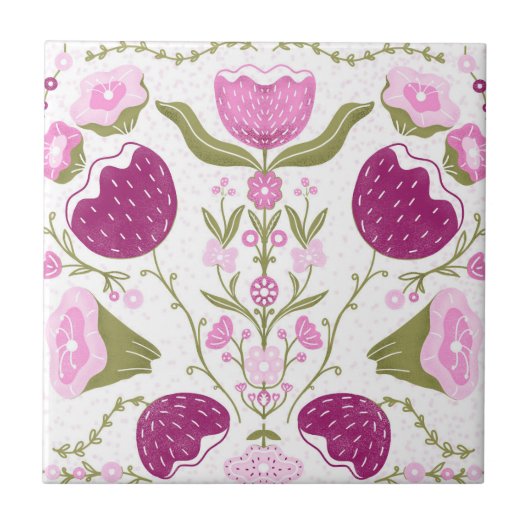 Folk Floral Pattern. Pink & Burgundy Flower Design Fliese (Vorderseite)