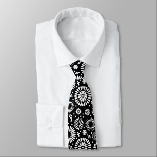 Folk Floral Schwarz-Weiß Sonnenblume Boho Chic Krawatte