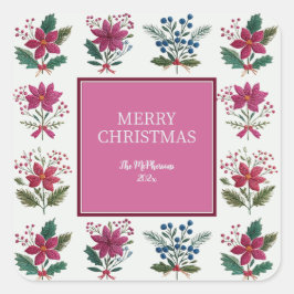 Folk Florals Christmas Quadratischer Aufkleber