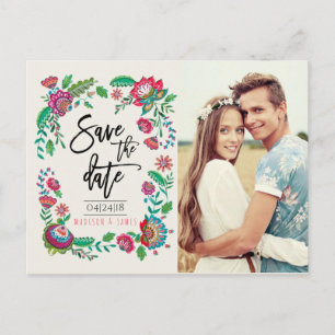 Folk Flowers   Save the Date   Fotopostkarte Ankündigungspostkarte