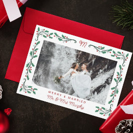 Folk Holly Frame Merry & Married Christmas Photo Feiertagskarte