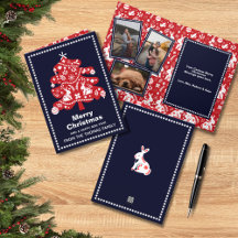 Folk Navy Red Christmas Tree Bunny Floral Foto
