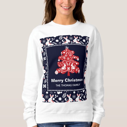 Folk Navy Red Christmas Tree Bunny Floral Sweatshirt (Vorderseite)