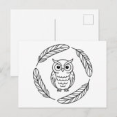 Folk Owl Line Kunst umgeben von Federn Postkarte (Vorne/Hinten)