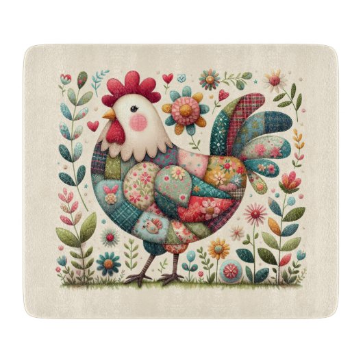 Folk Patchwork Rooster with Floral Accents Cutting Schneidebrett (Vorderseite)