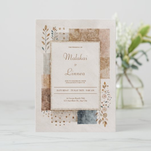 Folk Patchwork Rustische Hochzeit Einladung (Stehend Vorderseite)