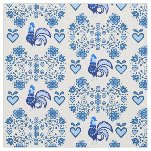 Folk Rooster/Cockerel /blau floral, Herzen 4" Stoff (Muster)