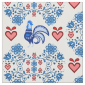 Folk Rooster/Cockerel/blau/rot-floral, Herzen 4" Stoff (Nahaufnahme)