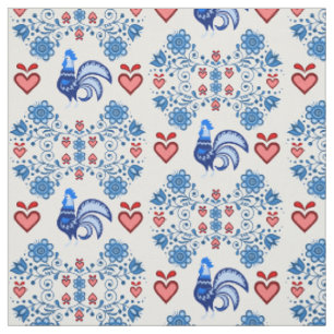 Folk Rooster/Cockerel/blau/rot-floral, Herzen 4" Stoff