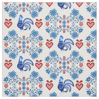 Folk Rooster/Cockerel/blau/rot-floral, Herzen 4" Stoff