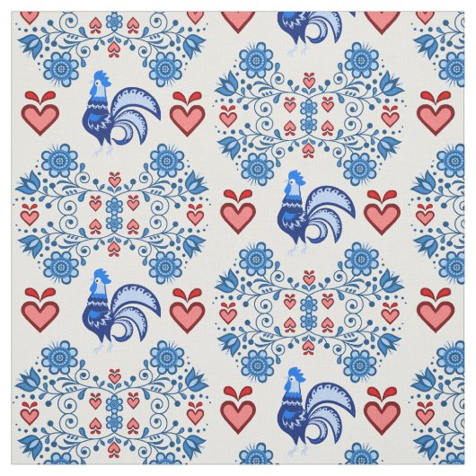 Folk Rooster/Cockerel/blau/rot-floral, Herzen 4" Stoff (Muster)