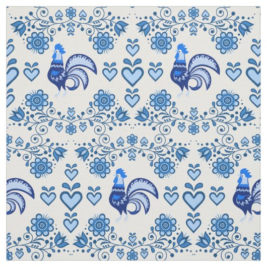 Folk Rooster/Cockerel blue/blue floral , herzen/4" Stoff (Muster)
