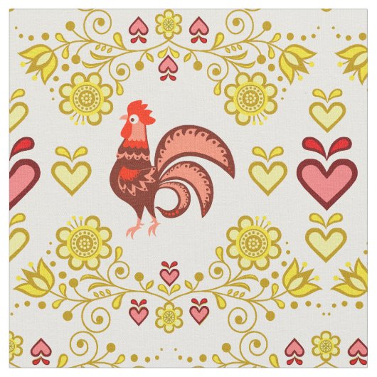 Folk Rooster/Cockerel gold/floral, Herz/4" Stoff (Nahaufnahme)