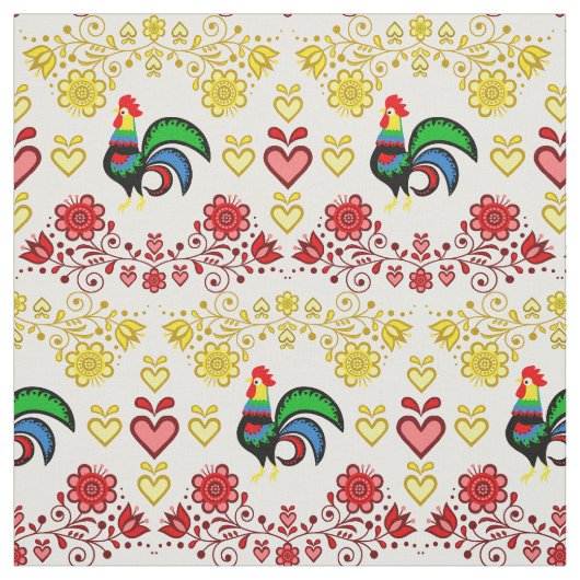 Folk Rooster/Cockerel gold/rot floral ,Herz/4" Stoff (Muster)