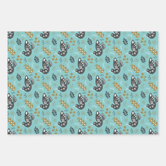 Folk Scandy Swedish Bird Fox Set von 3 Geschenkpapier Set (Vorderseite 2)