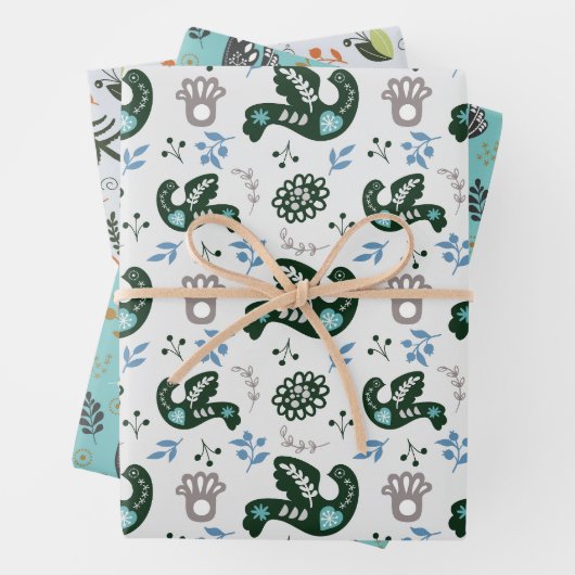 Folk Scandy Swedish Bird Fox Set von 3 Geschenkpapier Set (Beispiel)