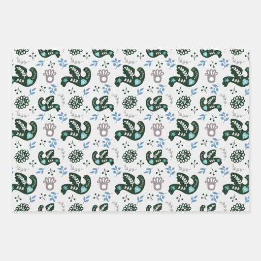 Folk Scandy Swedish Bird Fox Set von 3 Geschenkpapier Set (Vorderseite)