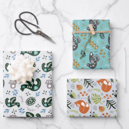 Folk Scandy Swedish Bird Fox Set von 3 Geschenkpapier Set
