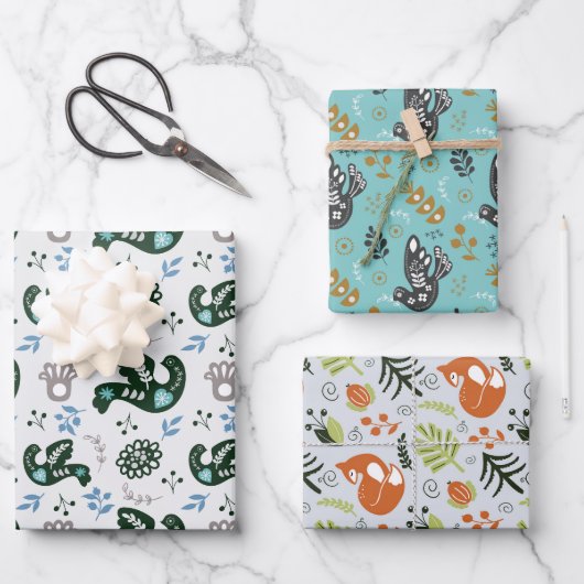 Folk Scandy Swedish Bird Fox Set von 3 Geschenkpapier Set (Vorderseite)