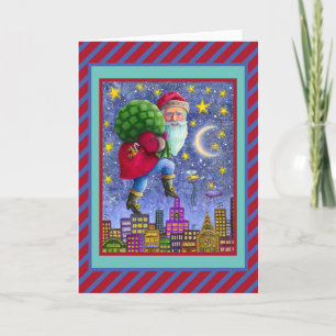 FOLK ST. NICK TIPTOES ON ROOFTOPS WITH BAG OF TOYS FEIERTAGSKARTE