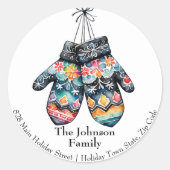 Folk Winter Mittens Weihnachts-Rücksendeadresse Runder Aufkleber (Vorderseite)