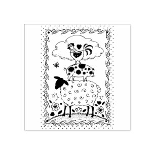 FOLKART LANDTIERE SCHAFENSCHAFT ROOSTER Primitiv Gummistempel
