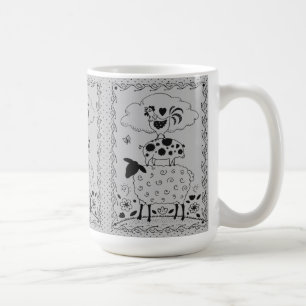 FOLKART LANDTIERE SCHAFENSCHAFT ROOSTER Primitiv Kaffeetasse