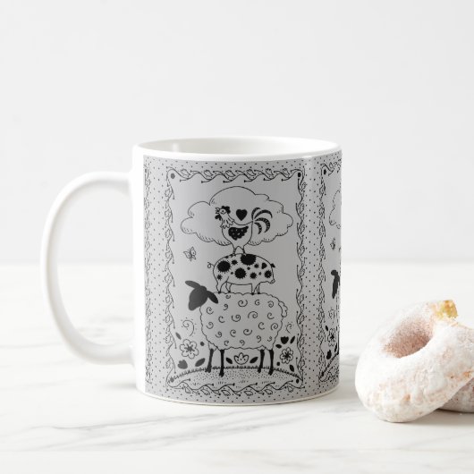 FOLKART LANDTIERE SCHAFENSCHAFT ROOSTER Primitiv Kaffeetasse (Mit Donut)