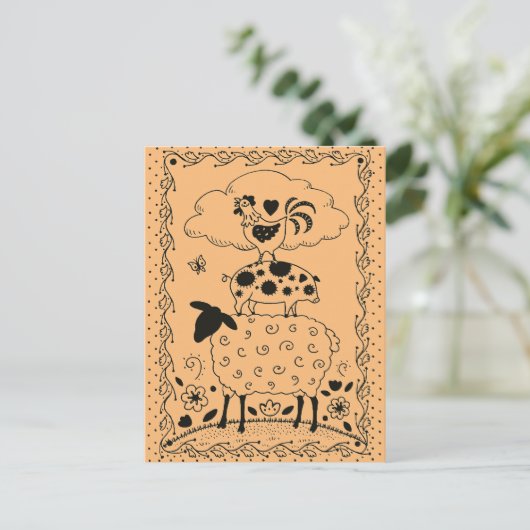 FOLKART LANDTIERE SCHAFENSCHAFT ROOSTER Primitiv Postkarte (Stehend Vorderseite)