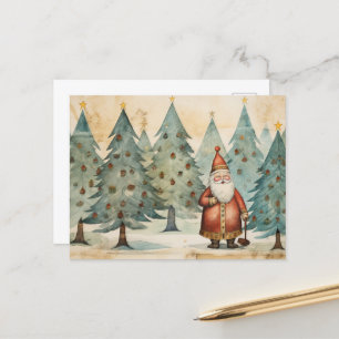 Folkart Santa in einem Weihnachtsbaumwald Postkarte