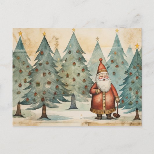 Folkart Santa in einem Weihnachtsbaumwald Postkarte (Vorderseite)