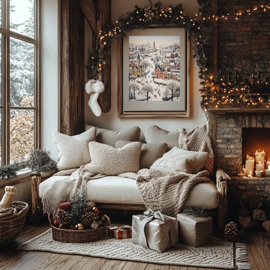 Folkart Style Winter Scene Poster