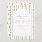 Folkblütenstreifen- Rosa- Kinderdusche Einladung (Vorne/Hinten)