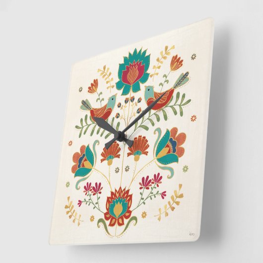Folkflora mit Vögeln Quadratische Wanduhr (Winkel)