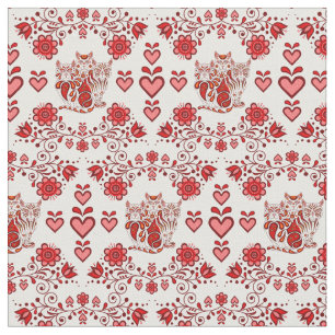 Folkkatze/Blume/Herzkalkkatzen, rote Drucke 2 Stoff