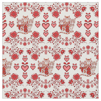Folkkatze/Blume/Herzkalkkatzen, rote Drucke 2 Stoff