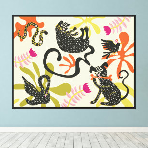 Folkkunstkunst primitive abstrakte Hundkatze Schwa Leinwanddruck