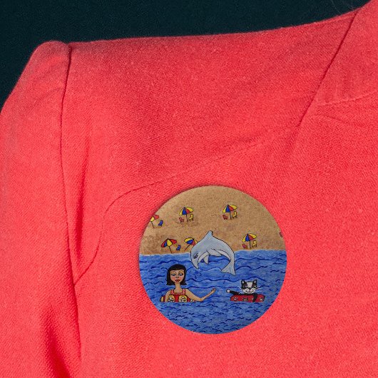 Folkkunstlerin Cat Beach Dolphin Schwimmen Button