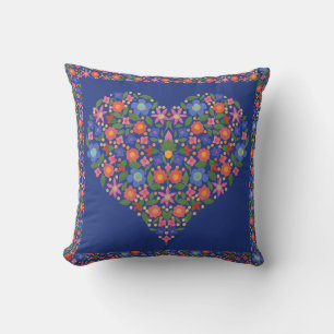 Folklore Art Floral Heart on Royal Blue Pillow Kissen