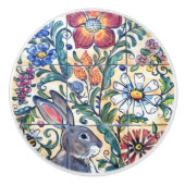 Folklore Art Rabbit Floral Tile Farben Südwesten   Keramikknauf (Vorderseite)